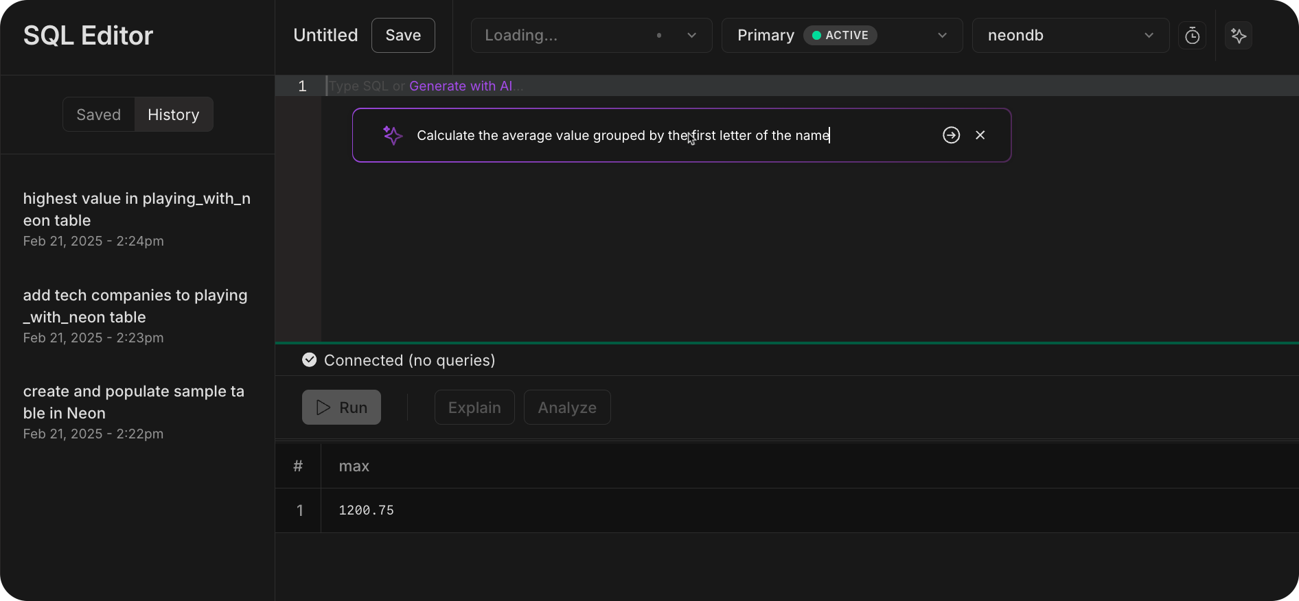 Neon SQL Editor AI Assistant