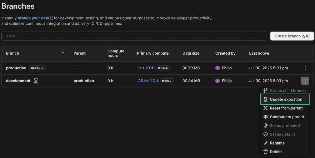 Update branch expiration